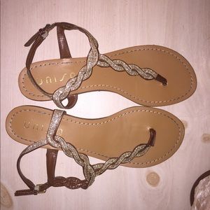 Gold and brown sandals with slight heel